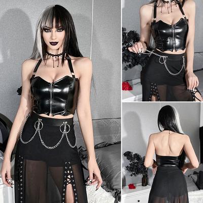 Gothic Punk PU High Street Personality Zipper Solid Color Tank Top Harajuku Aesthetic Slim Sling Crop Tank Leather Caims