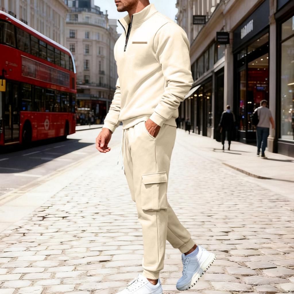 Men's Winter Fleece Multi Pocket Zipper Sweatshirt 2 Piece Set Personalized Sweatpants