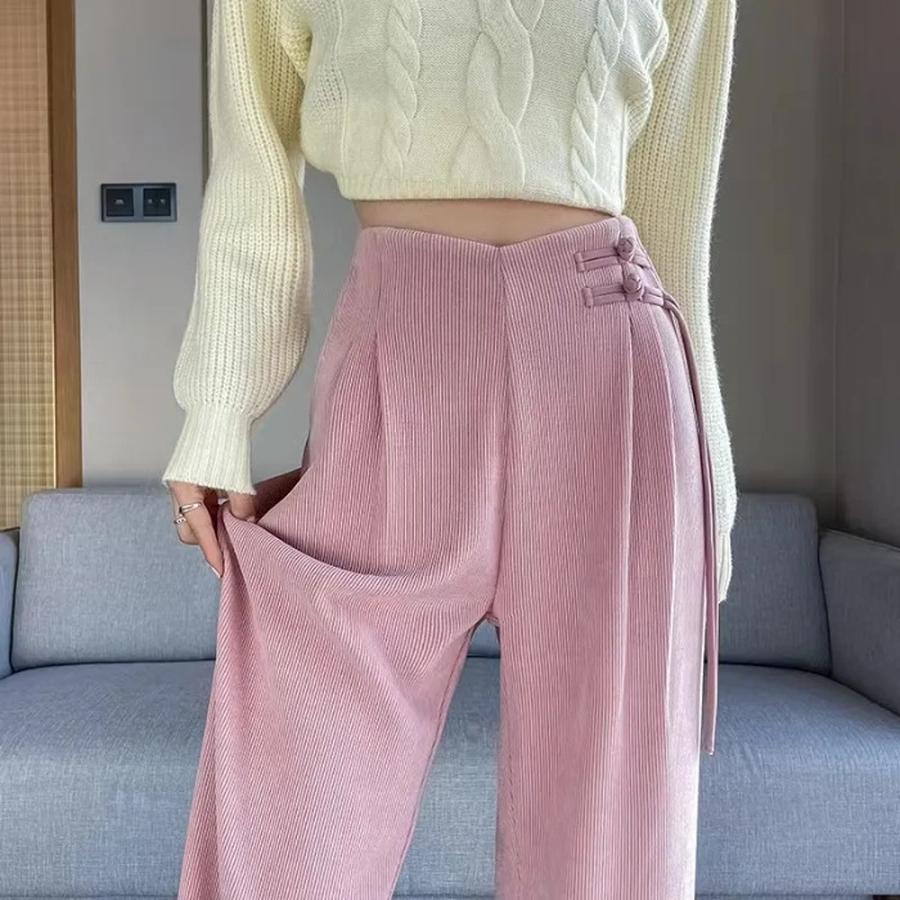 Meilade Autumn Winter Chinese Style Pao Kuao Fleece-Lined Sherniel Wide Leg Pants Women High Waist Drop Crotch Straight Leg Casual Trousers