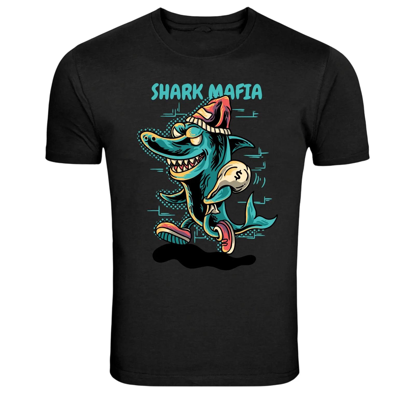 Shark Mafia Gangster Cartoon Funny Graphic T-Shirt S