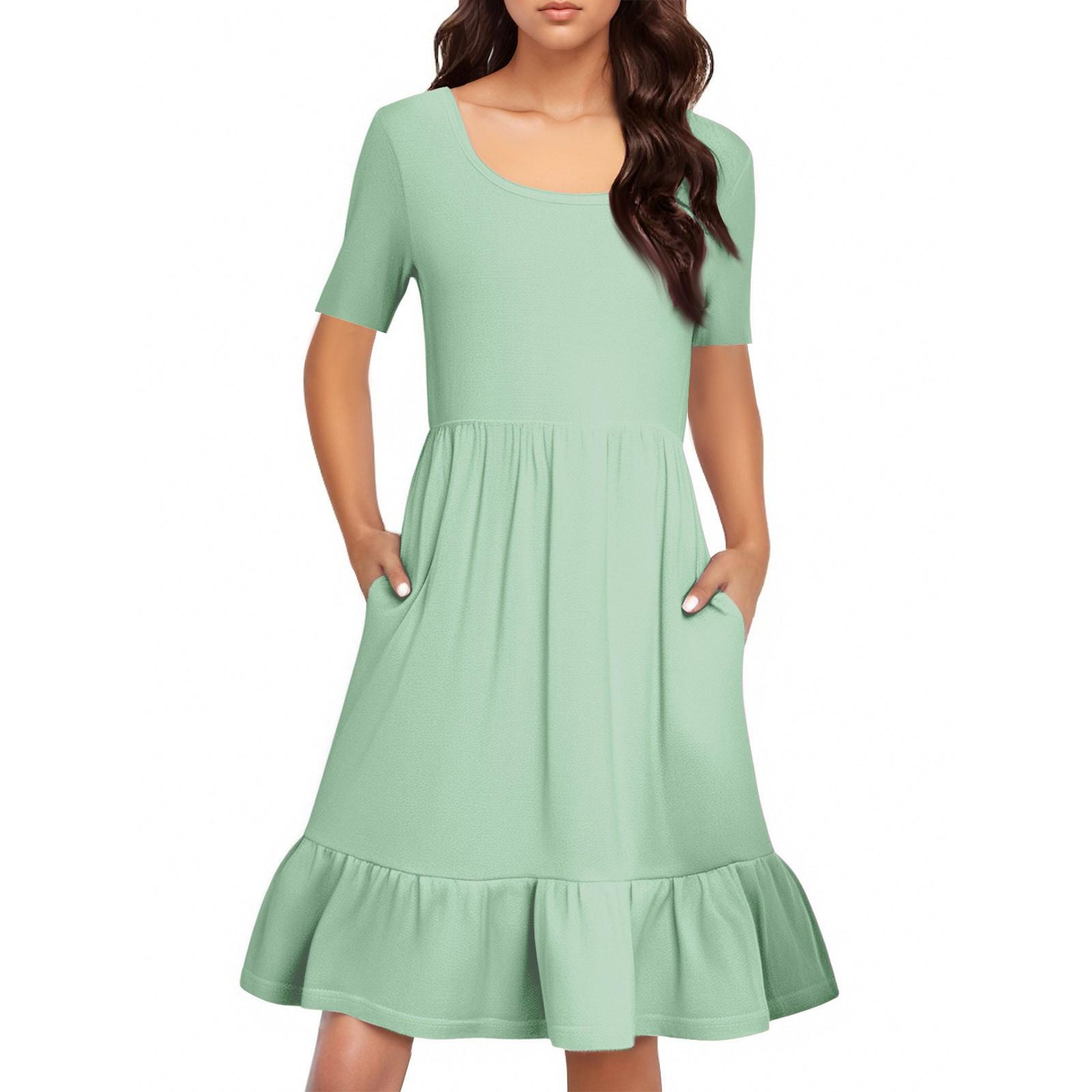 

Женское повседневное платье с круглым вырезом и короткими рукавами, однотонное свободное платье с плиссировкой на талии S