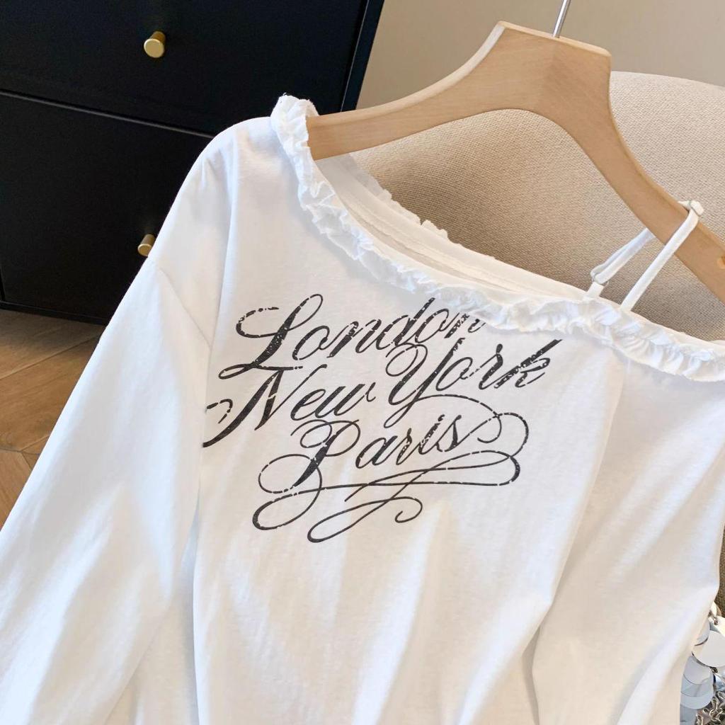 Women's Plus Size Off-Shoulder Letter Print Long Sleeve Lace Top