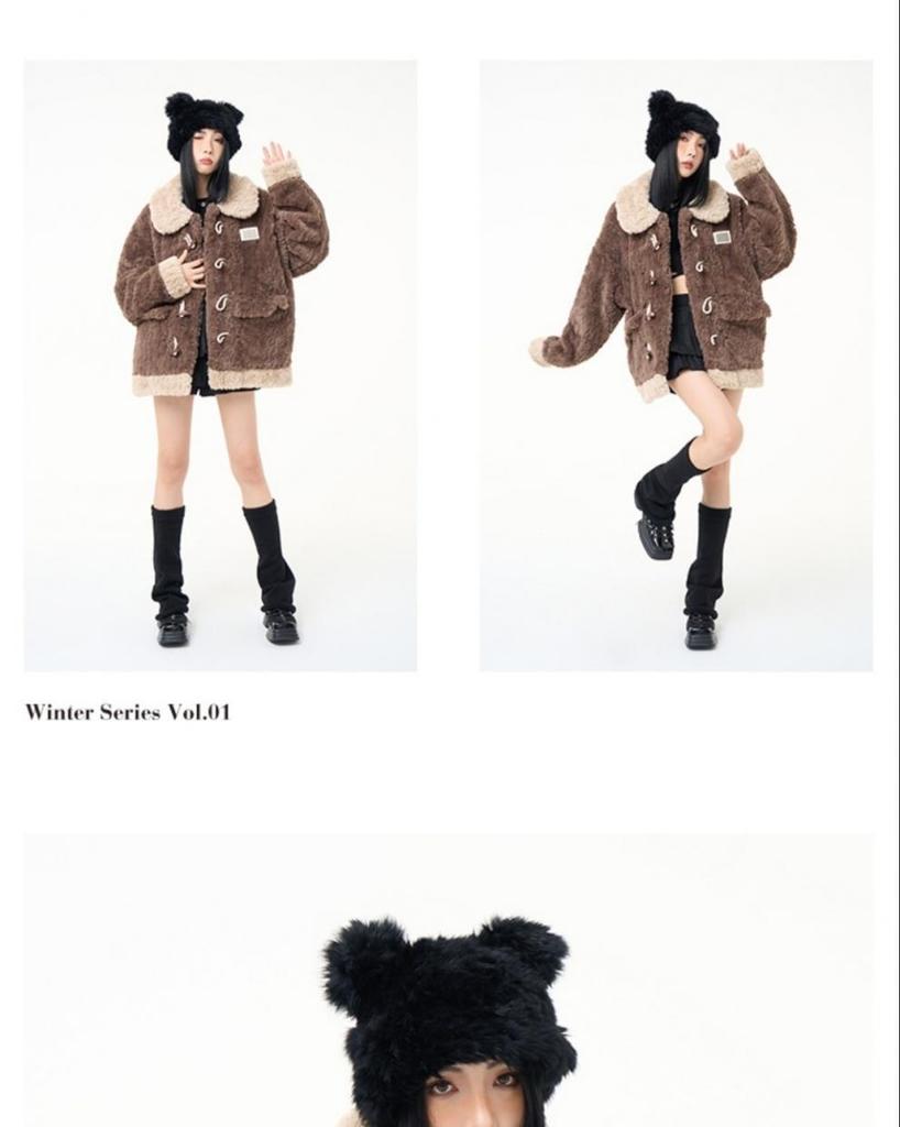 2024 Y2K Lamb Wool & Leather Mid-Length Plush Duffle Coat for Women