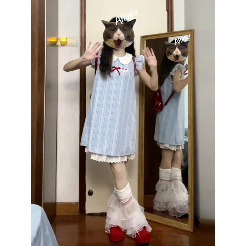 Kleid im Akademie-Stil mit Puppenkragen und Tutu für kleine Leute zum Tragen, Retro-Karomuster, Spitzeneinsätze, Kleid mit kleinen Puffärmeln für den Sommer für Damen