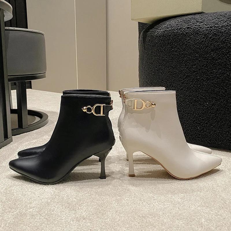 Móda Klasické luxusní dámské boty špičaté tenký podpatek kotníkové boty pro dámskou jaro a podzim 2024 nové všestranné ležérní módní boty