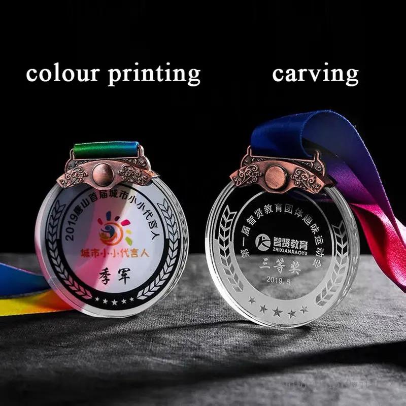 Customized Metal Transparent Crystal Medal, Hanging On the Neck, Color Printed or Engraved Honor, Gold Silver Copper Medal, 1Pc