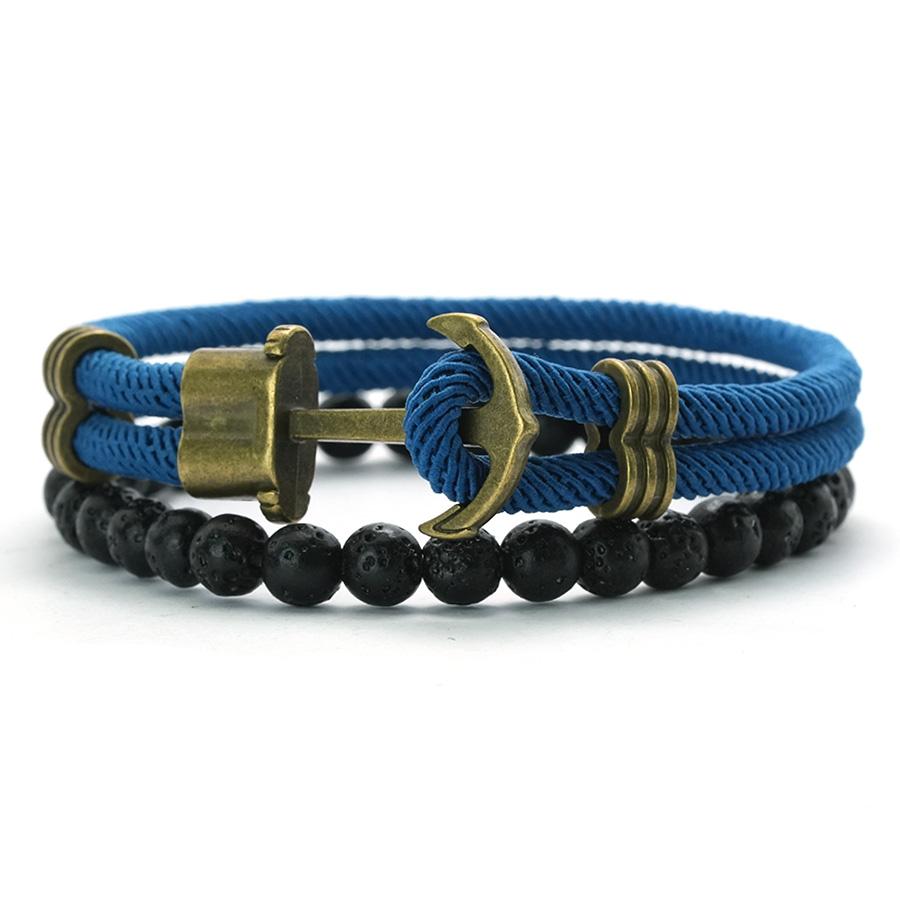 Retro 2Pcs/Set Men Anchor Bracelet 6mm Natural Lava Stone Beaded Braslet 6 Colors Grade A 4mm Ethnic Fabric Braclet Pulseria