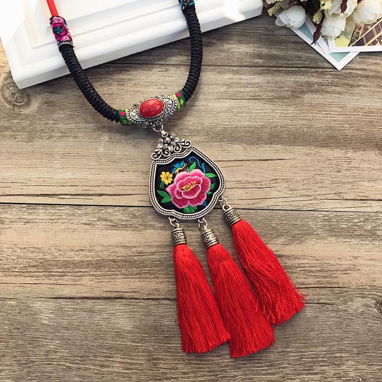 Retro Long Fashion Classical Embroidery Fringed Necklace Temperament Wind Chimes Pendant Miao Sweater Chain Accessories