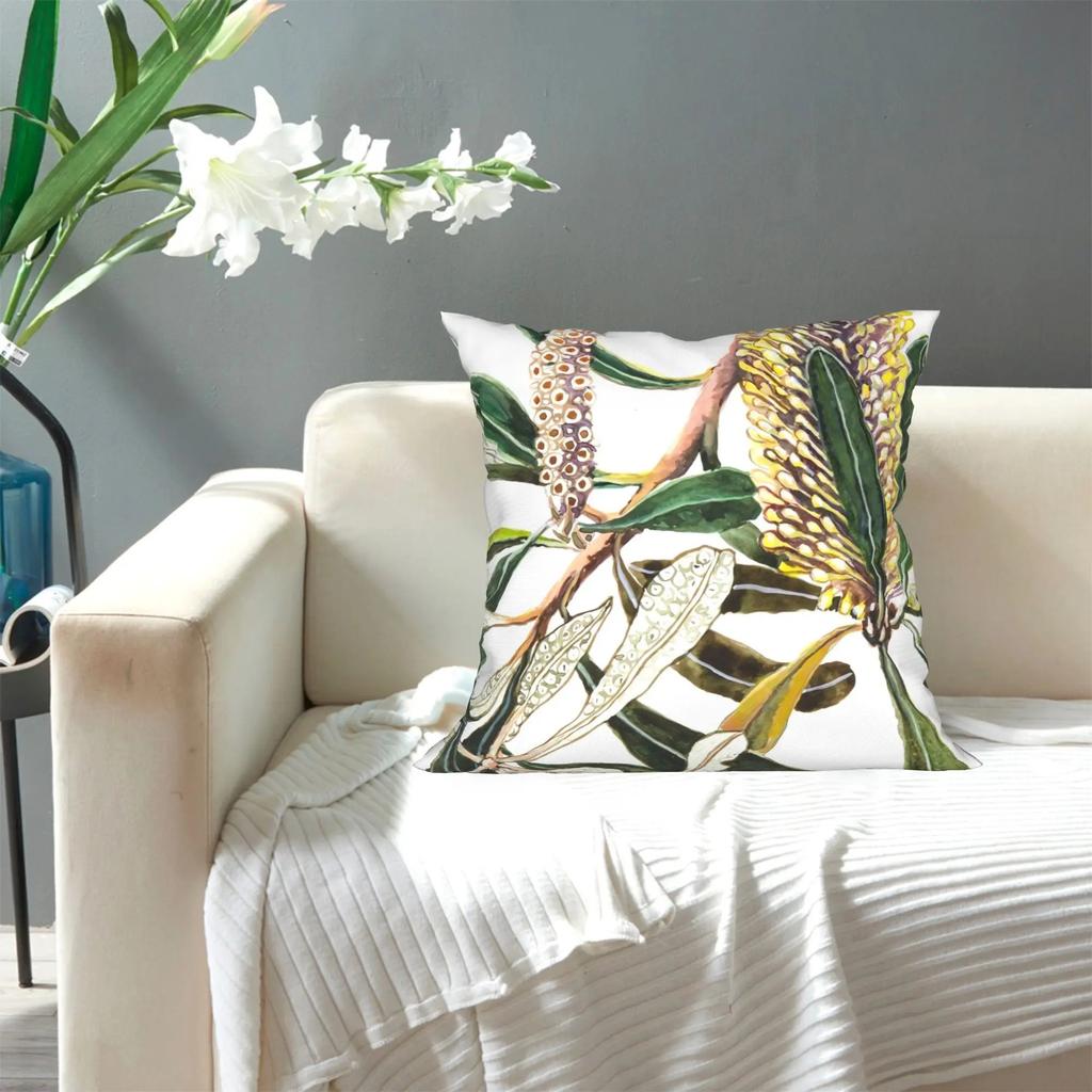 Vintage Watercolor Banksia Flower Pillowcase Peach Skin D Flat Printed Botanical Leaves Cushion Cover Living Room Sofa Decor