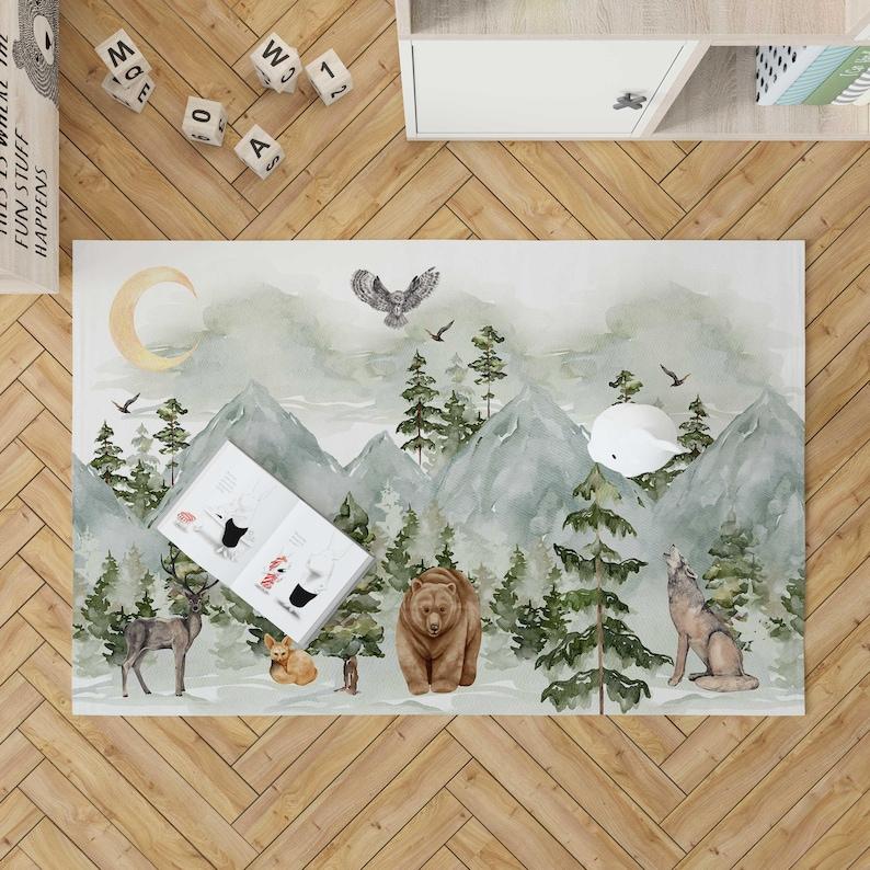 

Ковер с горными лесными животными для детской комнаты, ковер для детской спальни, коврик для пола на тему природы, декор детской комнаты, напольный ковер 60*90cm