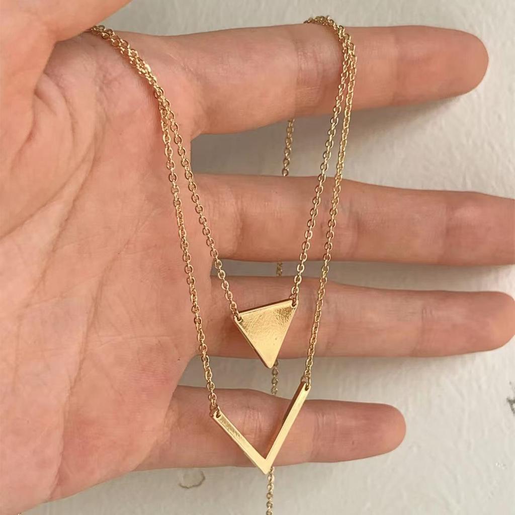 Elegant Geometric V-Shape Triangle Pendant Double Layer Necklace with Delicate Chain