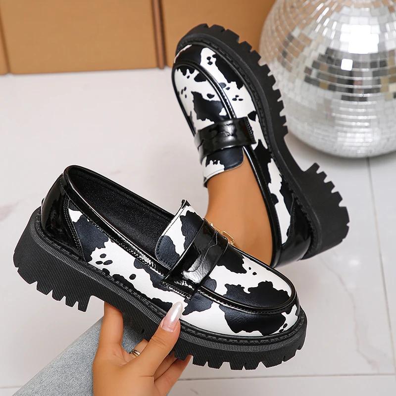 Cow Print Zebra Print Chunky Platform Pumps Women 2025 Autumn Pu Leather Thick Sole Loafers Woman Plus Size Uniform Lolita Shoes