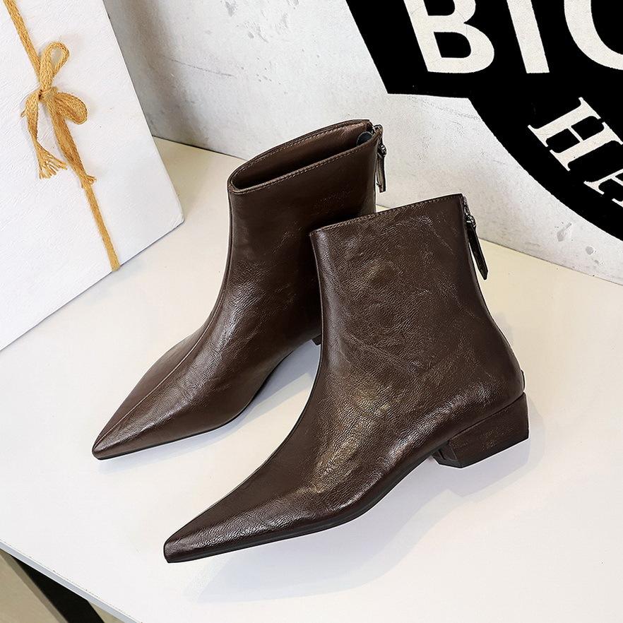 Women s Retro Boots Low Heel Coarse Heel Zip Slim-Fit Denim Sole Rubber Winter Pointed Ankle-Lined Knee Boots 34 темно-коричневого