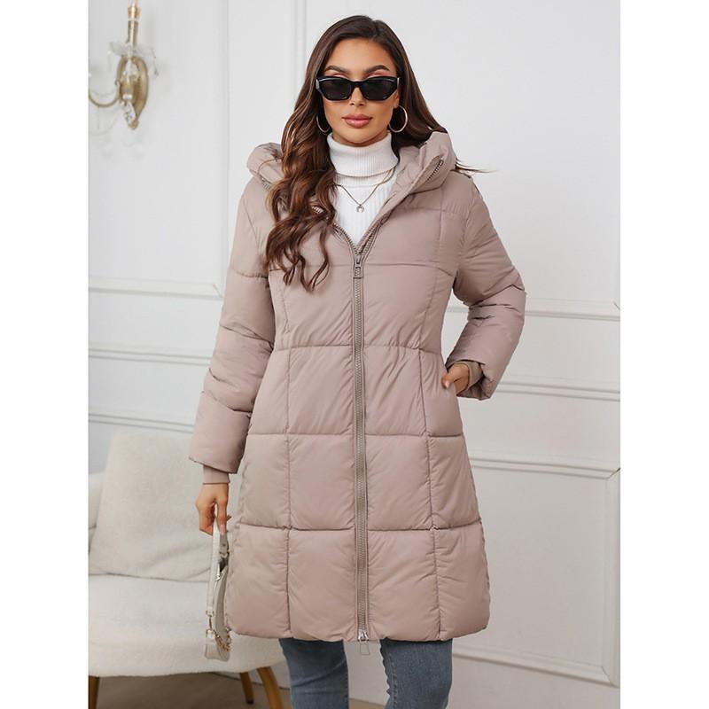 Womens Thick Warm Long Cotton Puffer Coat With Hood Slim Fit Mid-Length Winter Jacket In Solid Colors