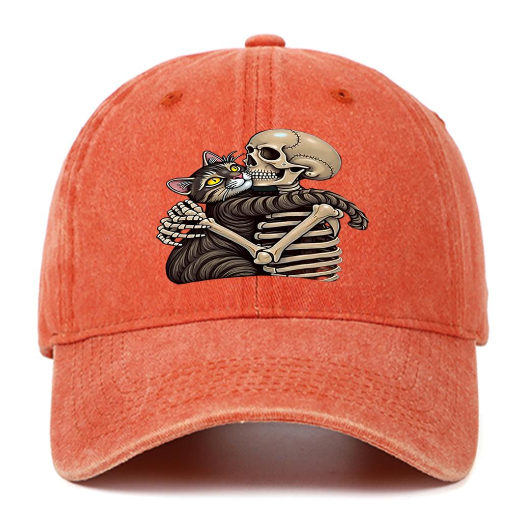 Cat and Skeleton Printed Baseball Hat Adjustable Washable Outdoor Sunscreen Hat Suitable As Halloween Gift for Men and Women