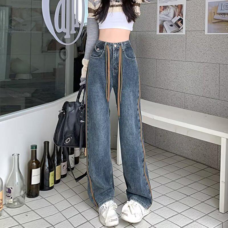 

Зимние джинсы 2024 года с высокой посадкой, цветным блоком, широкими штанинами, регулируемые, для похудения, для женщин XL сине серый