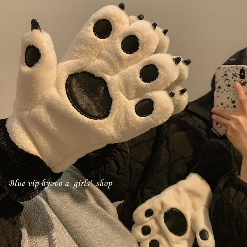 Student Padded Thickened Gloves Cold Winter Cycling Gloves Cartoon Cute Bear Paw Cat Claw Plush Gloves Women's Hanging Neck Large Size Gloves