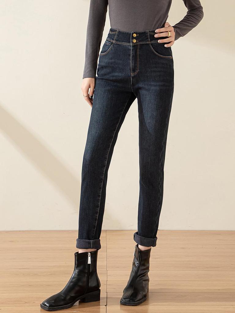 Damen Winter 2024 Skinny High-Waist Stretch Jeans mit Fleece-Futter