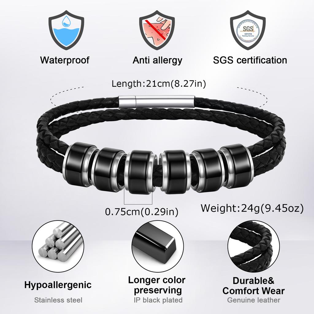 Customized Baeded Bracelets for Men Boys,3-Layers Leather Bracelet with Stainless Steel Tube,Jeweley Gift for Dad Husband