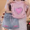 Dziewczęcy Letni Różowy T-shirt z Sequinami w Kształcie Serca - Dopasowany Krój, Uroczy Krótki Rękaw ze Wciąganą Talią