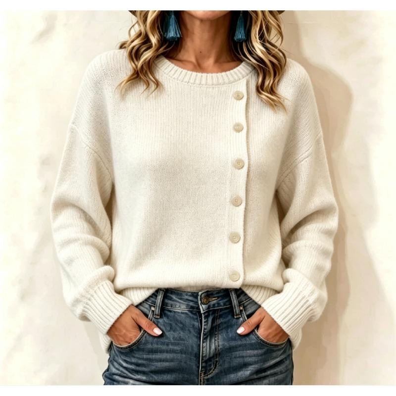 Women S Long Sleeve Knit Sweater Solid Color Loose Fit Button Detail Casual Wear