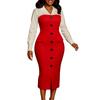 Women Elegant Business Long Sleeve Blazer Collar Patchwork Pencil Midi Dress