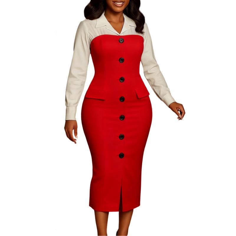 Women Elegant Business Long Sleeve Blazer Collar Patchwork Pencil Midi Dress
