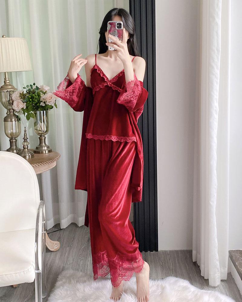 Golden Velvet Lace Nightwear Set: Sexy Camisole, Long Pants, and Robe with Breast Pads for Autumn/Winter Comfort.