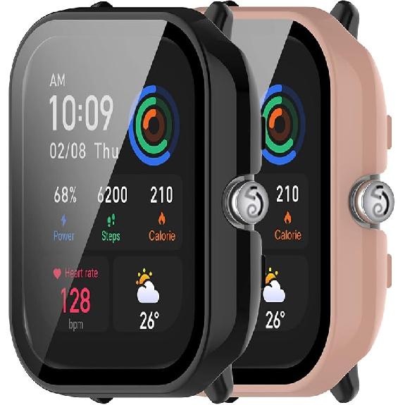 E ECSEM 2-Pack Compatible for Amazfit GTS 4 Mini Screen Protector Cover, Tempered Glass Screen + All-Round PC Matte Protector Case Set for Amazfit