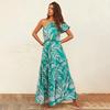 Women Spring Summer Strapless One-Shoulder Print Ankel-Length Dress V-neck High Waist