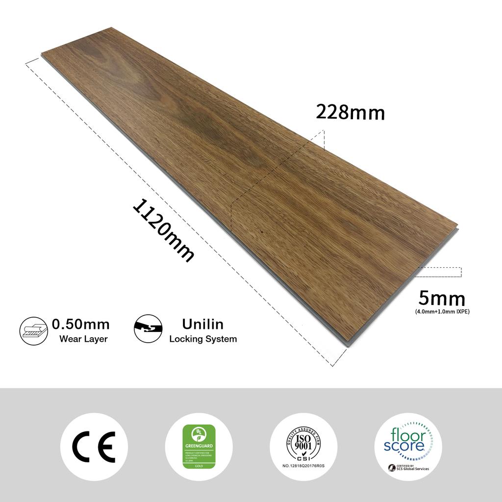 SPC vinyl flooring, solid plank flooring, 5 mm thick, with 0.5 mm thick wear layer, suitable for underfloor heating, area: 2.554 m²