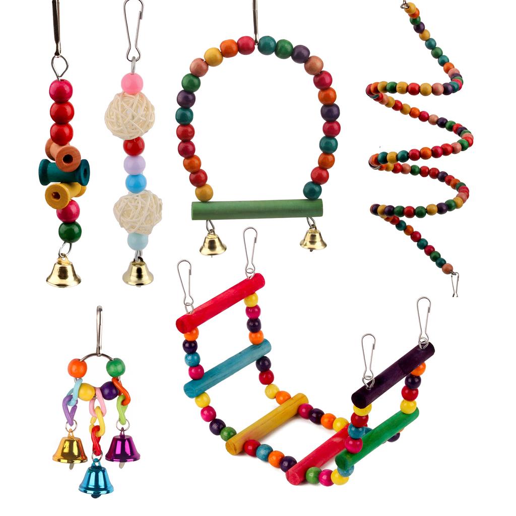 6 Pcs Bird Parrot Toys, Bird Swing Toy Colorful Chewing Hanging Hammock Swing Simple Bell Small