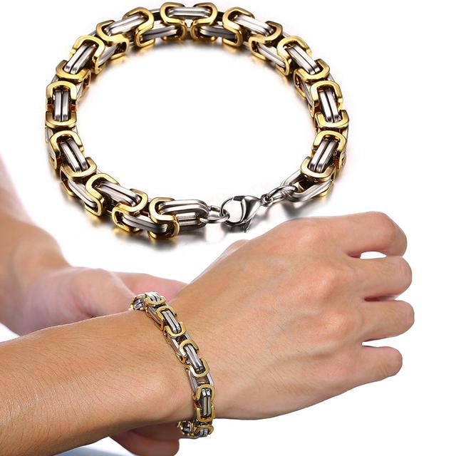 Vnox 8mm Punk Bysantine Link Chain Armbånd For Menn Rustfritt stål Heavy Male Pulseira