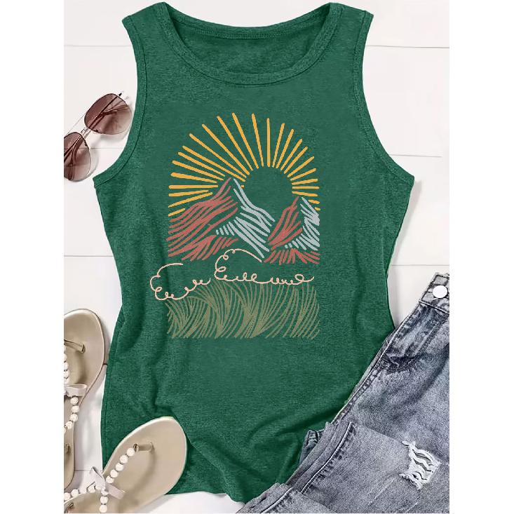 2026 New Abstract Line Mountain Sunrise Print Round Neck Women Sleeveless Tank Top Casual Versatile Comfort Summer Vest