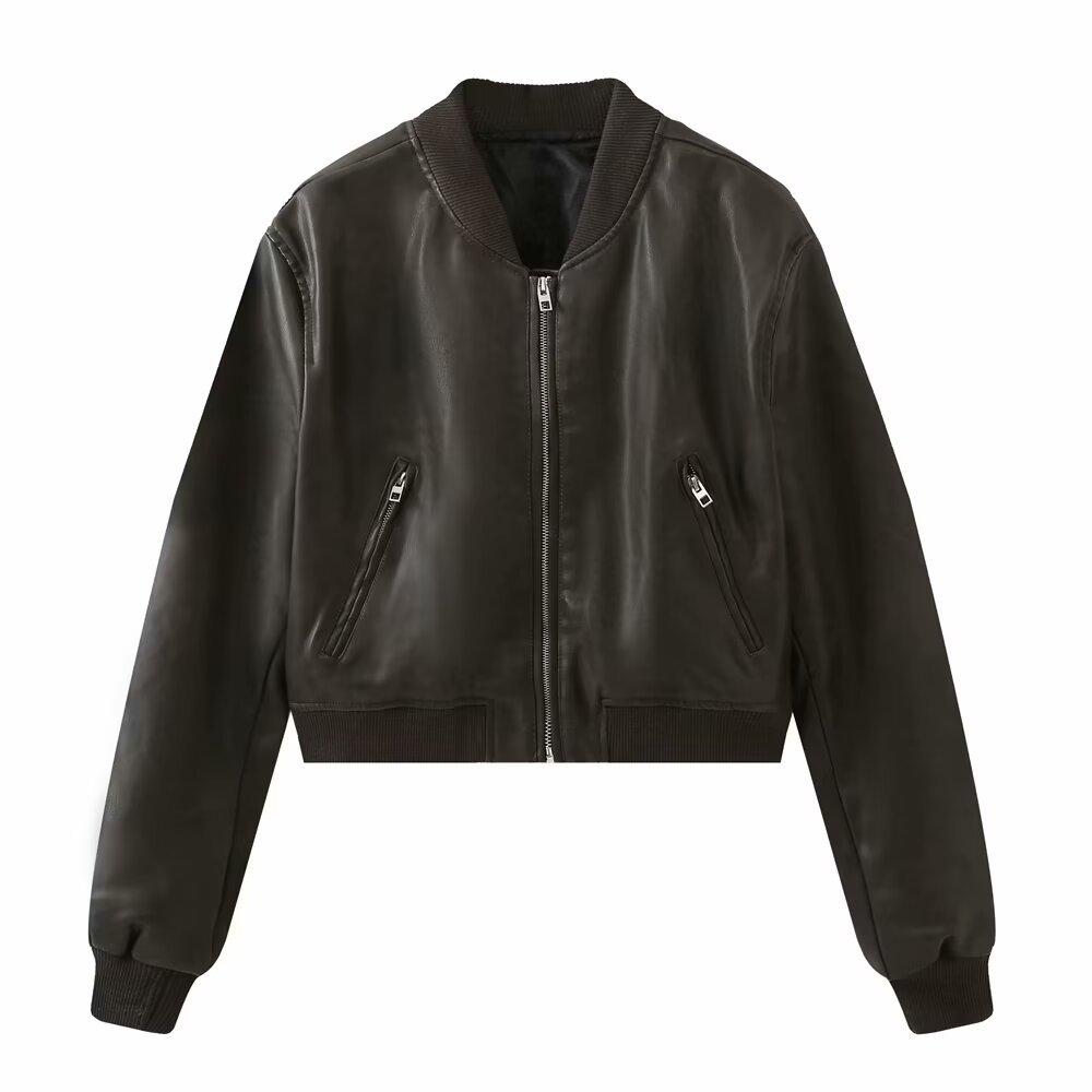 Autumn and Winter Women's Fashion Versatile Short Motorcycle Faux Pilot Jacket Coat Artificial Leather Coat