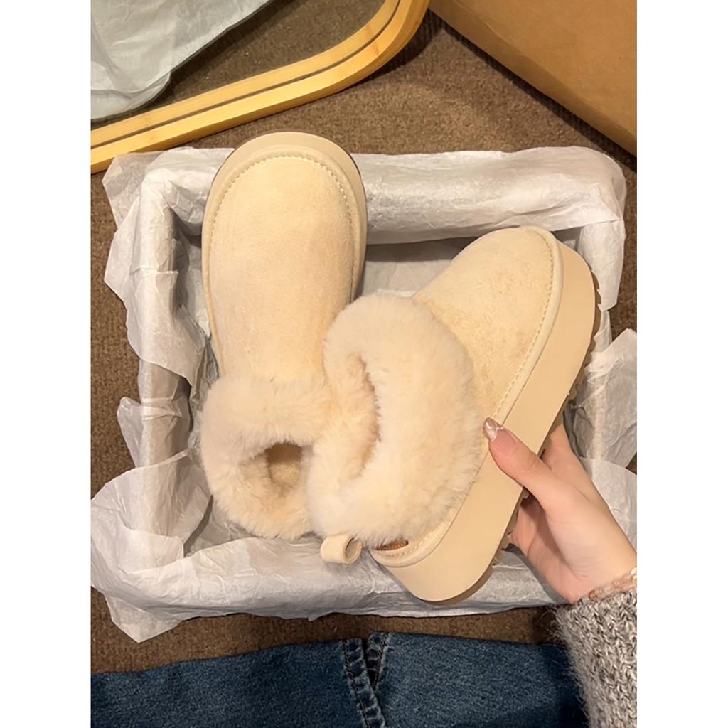 Retro heightening platform velvet half-drag Birkenstocks women's winter warm non-slip snow boots cotton slippers