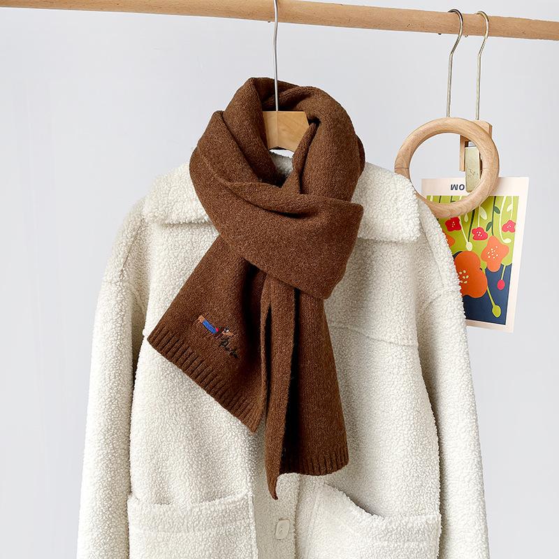 Japanese embroidery puppy beige knitted scarf for women, winter 1116 new warm versatile cycling cashmere scarf for women