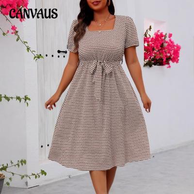 Rochie cu leagăn în carouri, cu cravată, cu guler pătrat, elegantă, mărime Plus