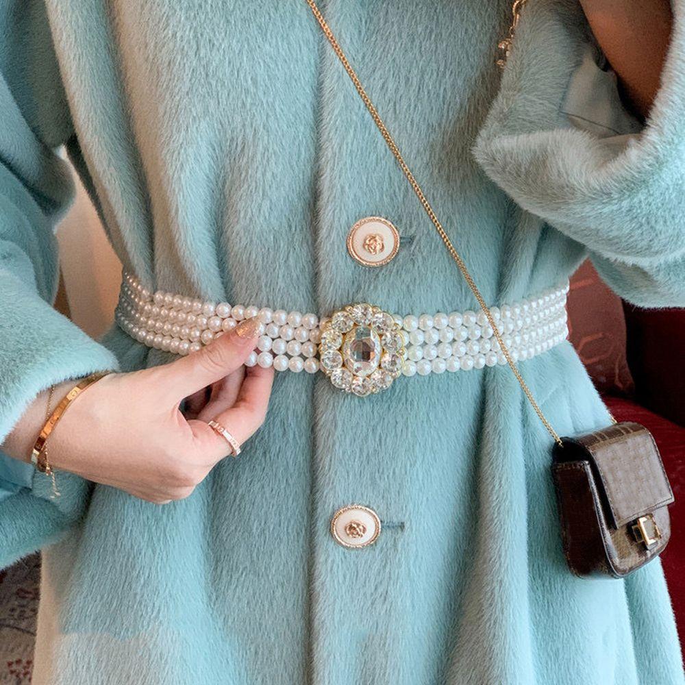 For Girls Elastic Metal Buckle Crystal Women Waistband Dress Decoration Korean Belt Faux Pearl