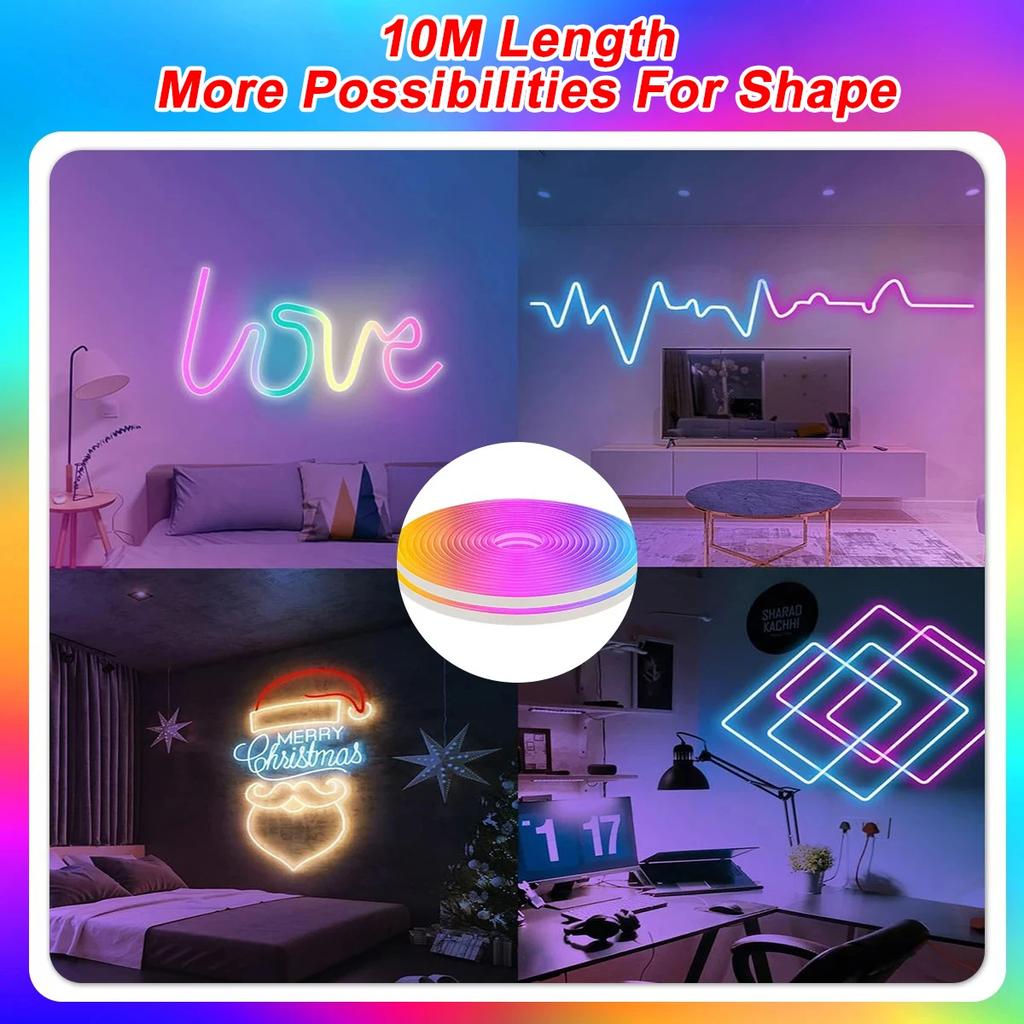 1-10M LED Neon Strip Lights RGBIC APP Bluetooth Control Dimmable Music Sync 5V Neon Strip for Gaming Room Indoor Outdoor Decor
