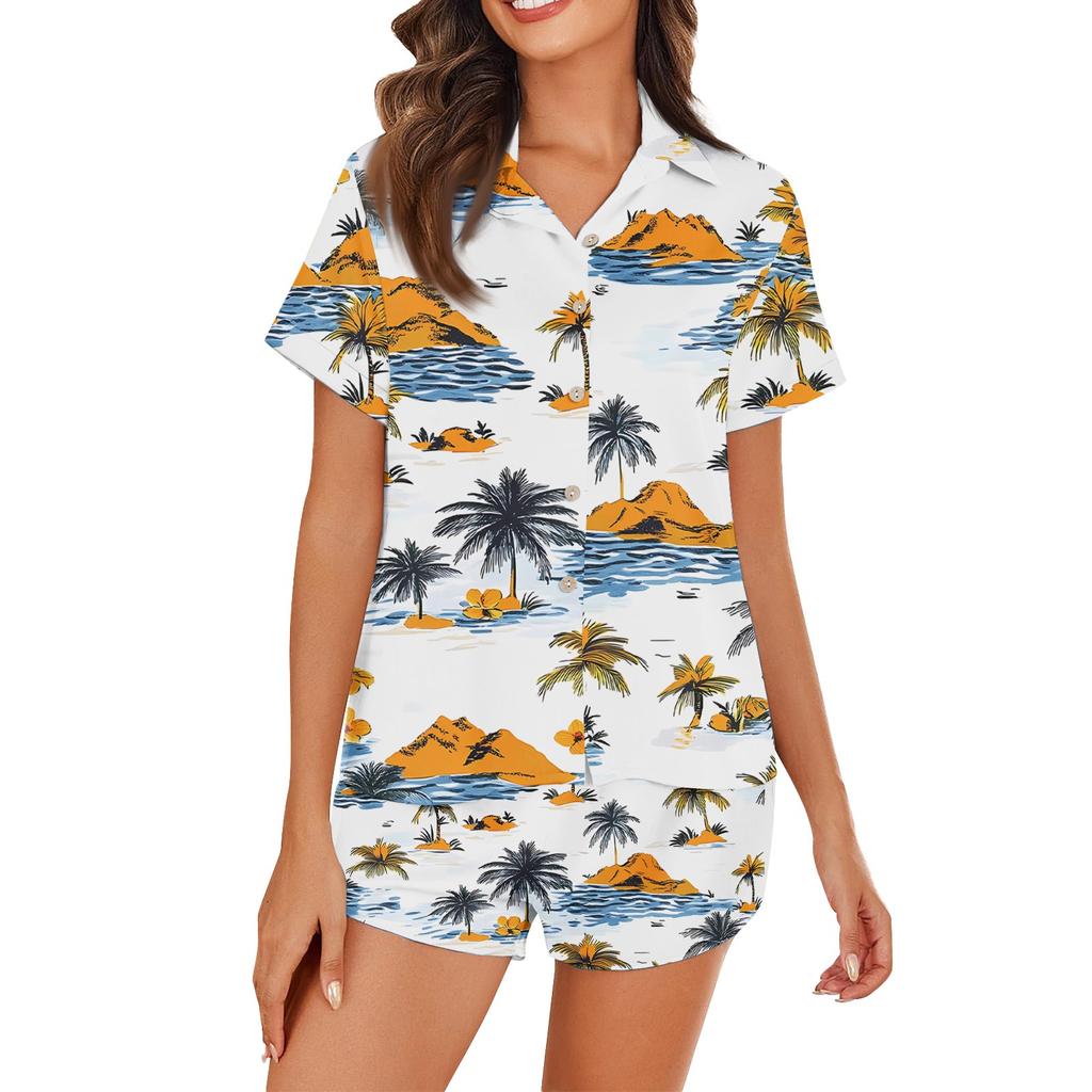 Women's Ice Silk Pajamas Button Homewear Hawaiian Print Short Sleeve Satin Pajama Set