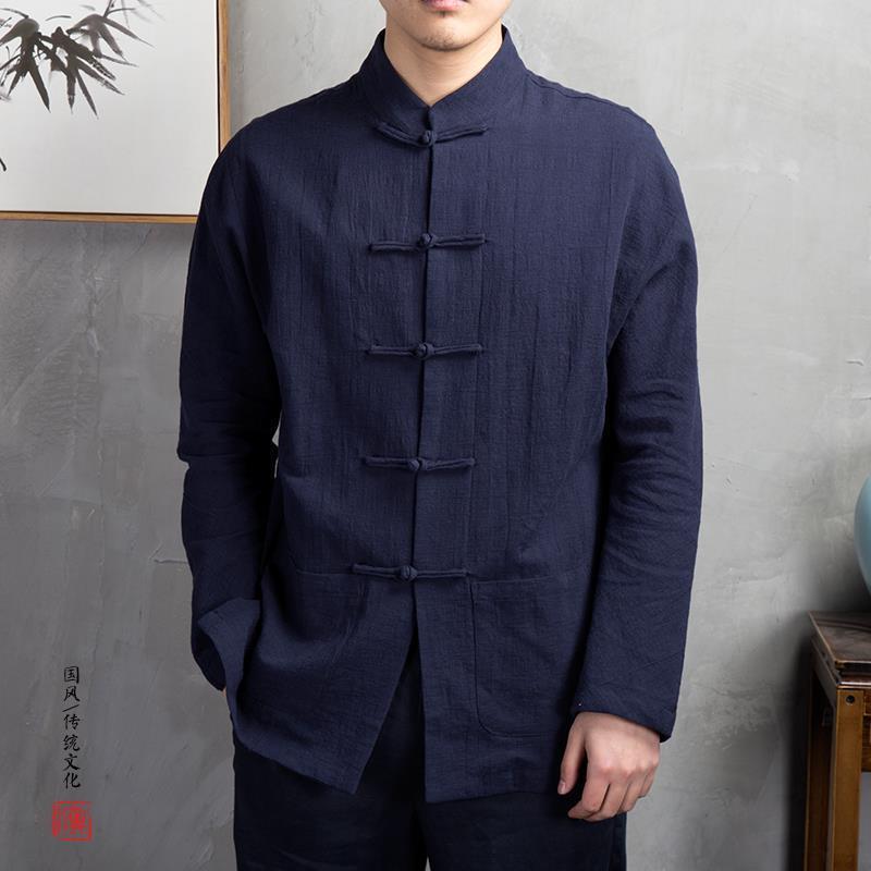 Men's Retro-Style Chinese Cotton Linen Stand Collar Shirt – Long-Sleeved for Spring and Autumn.