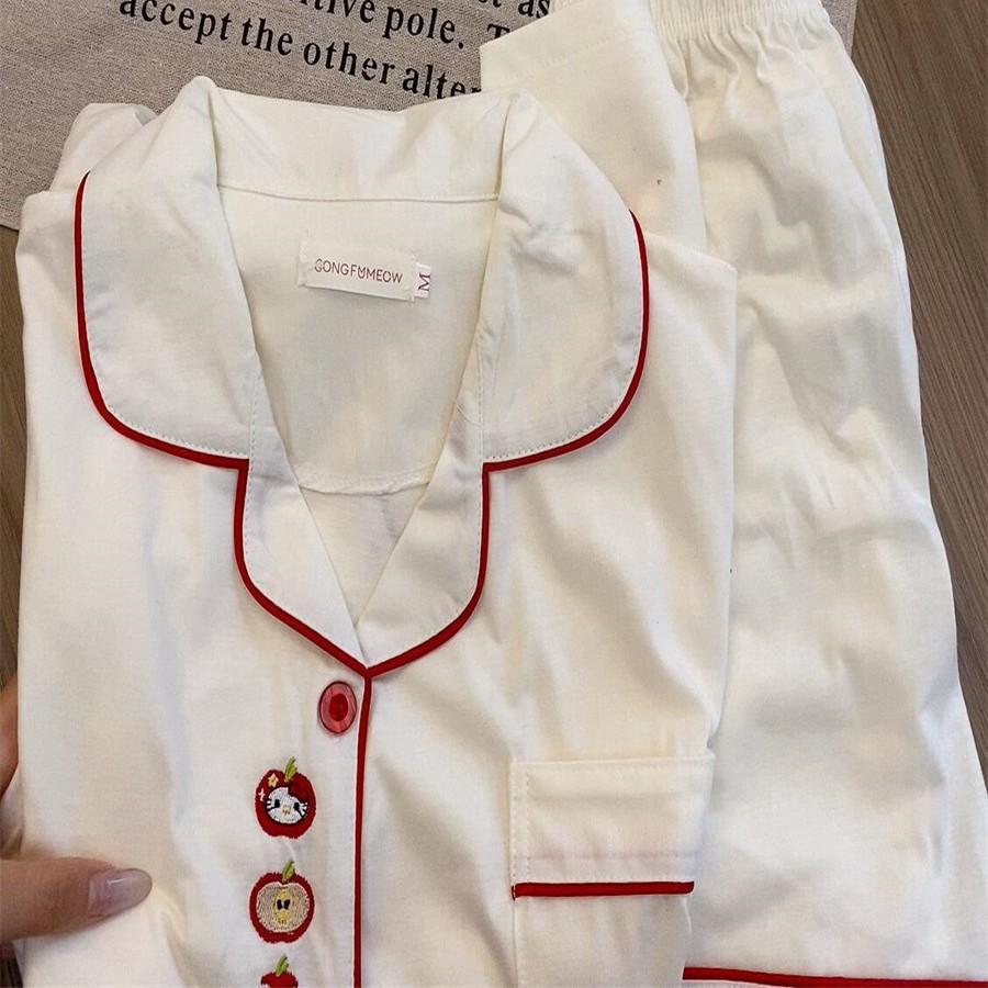 

Red edge apple Hello Kitty pajamas summer short-sleeved shorts two-piece set can be worn outside women s casual loose loungewear S