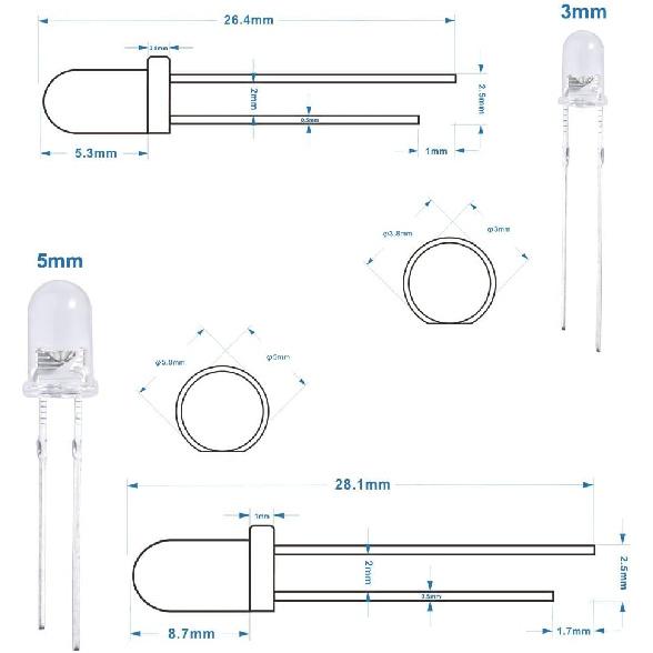 ELEGOO 3mm and 5mm Diffused and Clear Assorted LED Light Bulbs Kit 5 Light Colors with UV, RGB CA, Fast Flashing Compatible with Arduino (Pack of