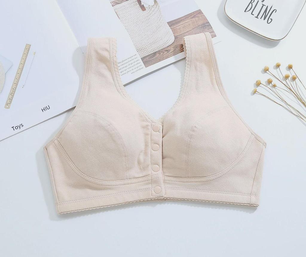 "Comfortable Front Buckle Cotton Nursing Bra: Wire-Free, Vest-Style, Large Size for Middle-Aged & Elderly"