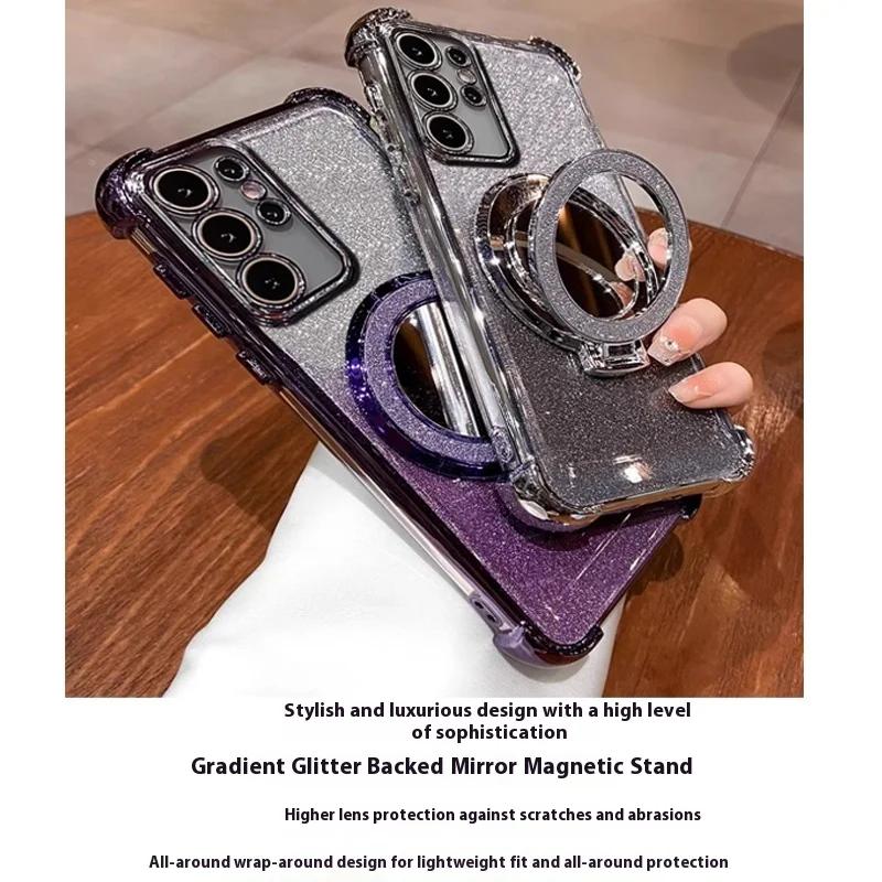Glitter Shockproof Silicone Case For Samsung S25 S24 FE S23 A06 A16 A55 A56 Mirror Holder Stand Soft Case For Galaxy A36 Cover