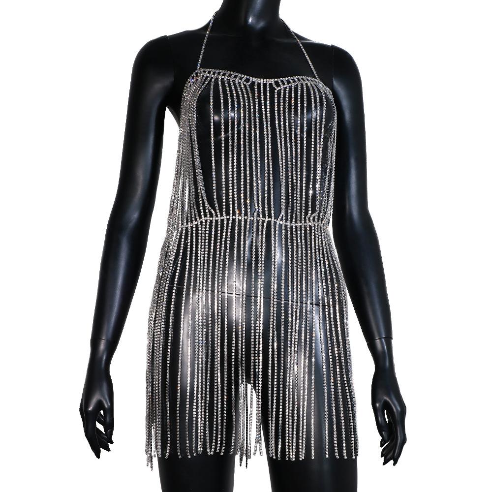 Dropshipping Sexy Club Nightclub Party Dance Crystal Bling Rhinestone Chain Tassel Halter Body Chain Dress Set Sexy