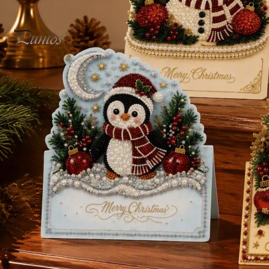 DIY Christmas Card Kit Kit, 3D Pop-Up Faux Pearl Art Snowman Santa Elk Craft Kits Wreath Card, Handmade Xmas for Family And Friends Holiday