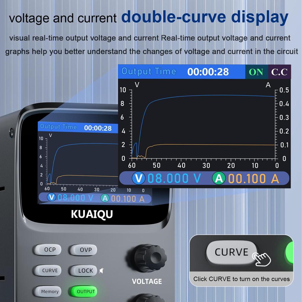 Regolatori di Tensione Variabili 0-30V 0-10A 300W, KUAIQU, Display TFT a 5 Cifre 0.01mA Visualizzazione Curva Tensione Corrente OCP OVP Per Rilevamento Consumo Energetico