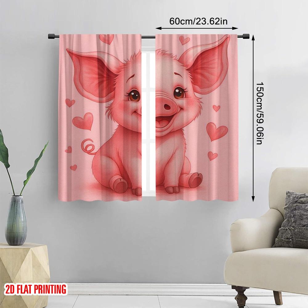 2pcs,2D Plane Printing Window Curtain Pink Piggy Love Durable Polyester (without Rod) Gifts for Living Room & Office Decor